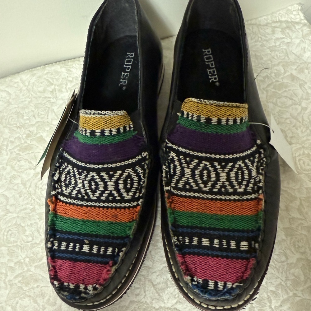 NWT Roper Ladies Jacolin Leather/Serape Shoes Black Country Western Loafers 7.5 - Picture 4 of 14